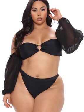 Fashion Nova Black Two-Piece Ring Front Bikini with Sheer Puff Sleeves